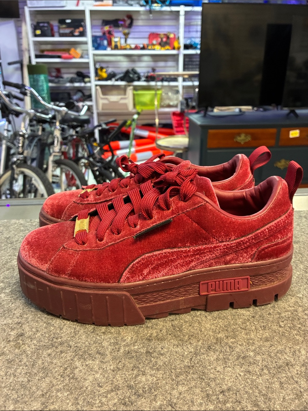 Puma Velvet Platform Sneakers in Burgundy with Gold Accents - Picture 2 of 5